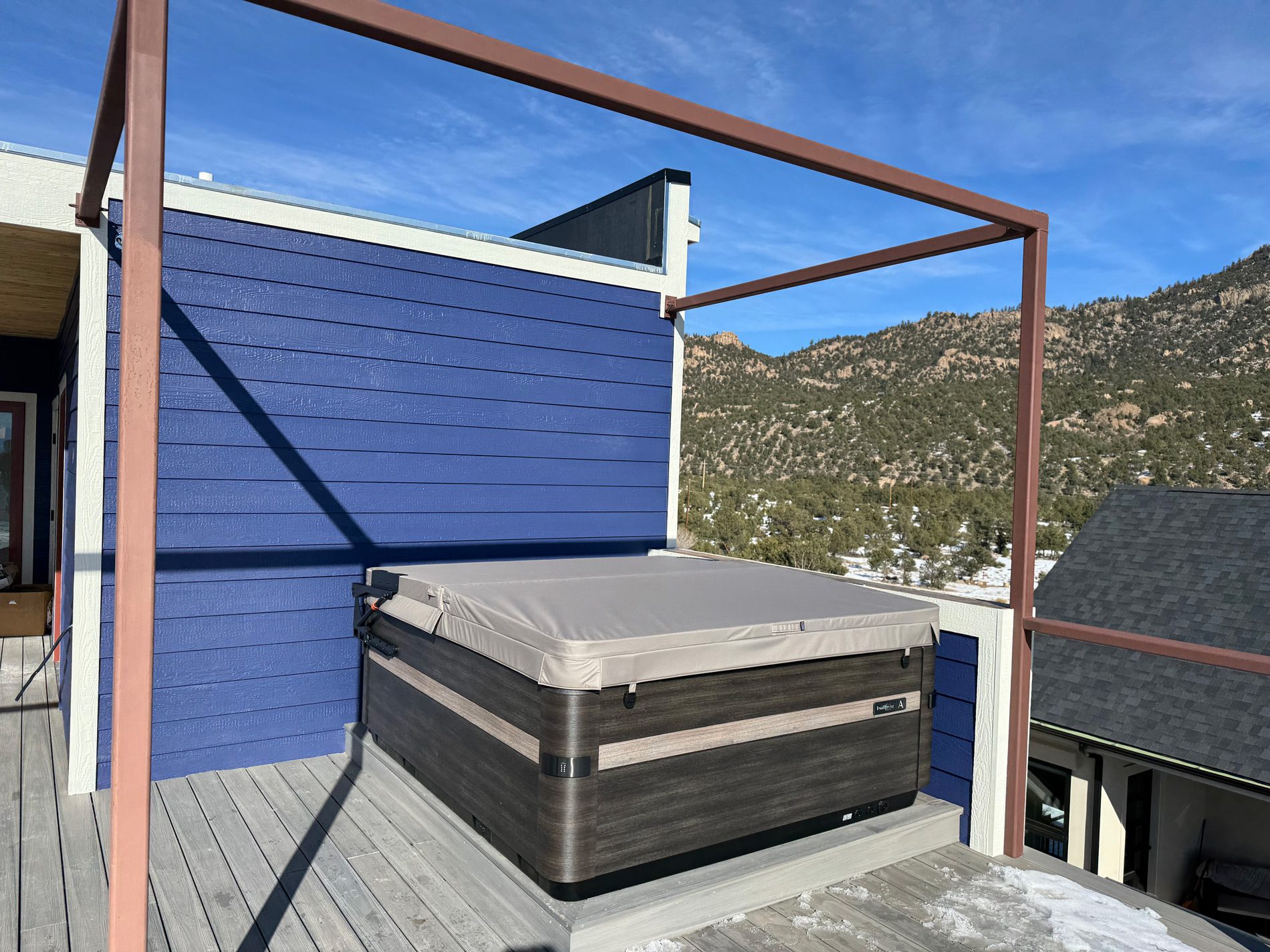 Rooftop patio with hot tub and pergola - Mountain View Custom Home Builders S&T Construction Company Buena Vista Colorado